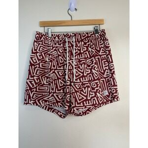 Allfenix Men's Burgundy Geometric Tribal Print Swim Trunks‎ Board Shorts Large